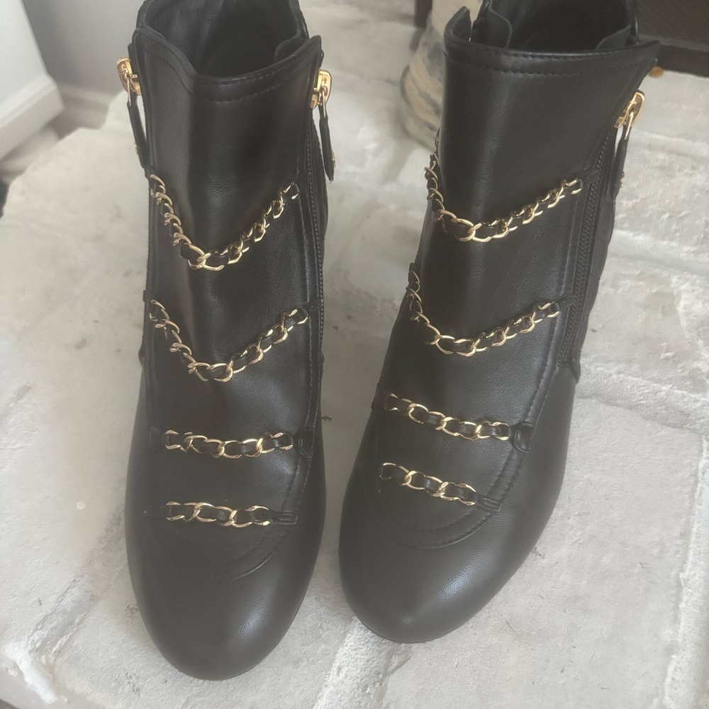 CHANEL Black Ankle Booties with Gold Chains on top 38.5 fits like a 7.5